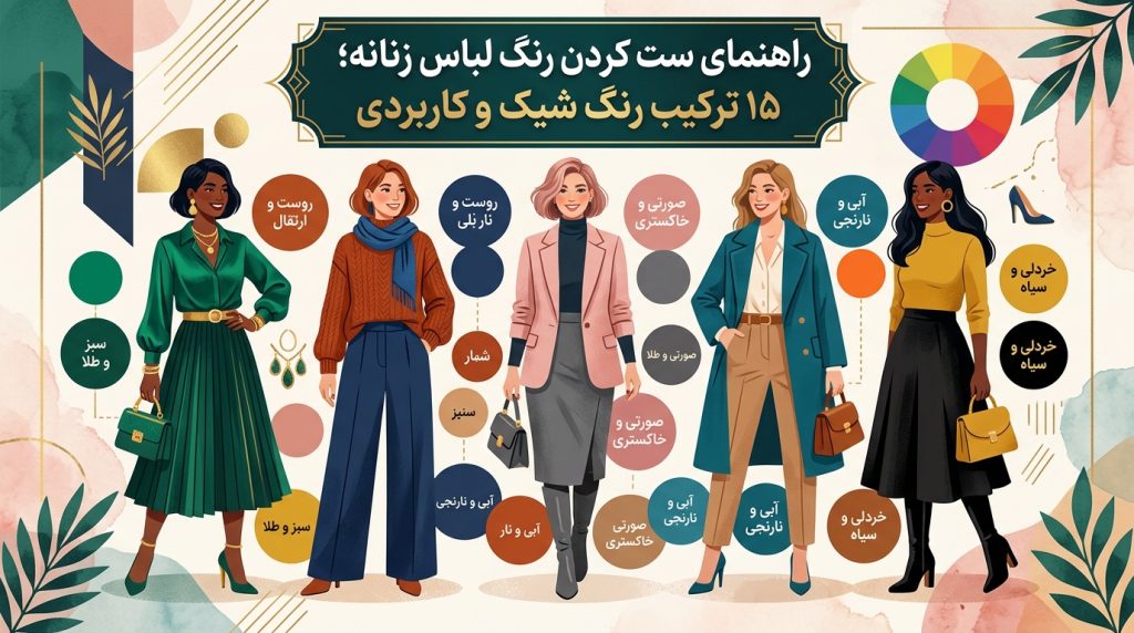 راهنمای ست کردن رنگ لباس زنانه و ۱۵ ترکیب رنگ شیک و کاربردی به همراه دایره رنگ و پالت‌های رنگی پوشاک
